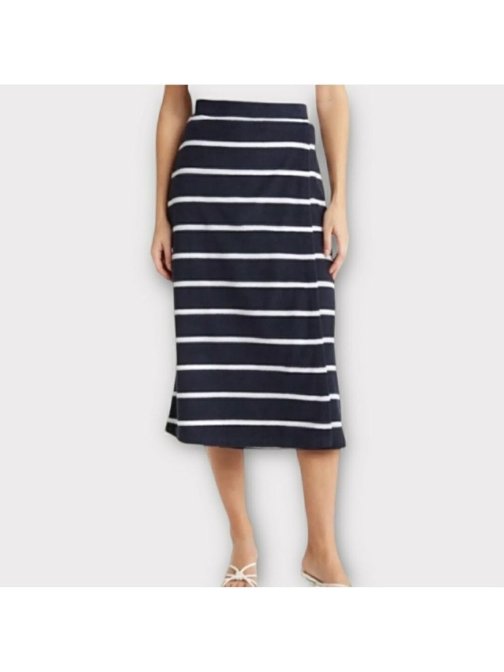 Club Monaco Navy and White Striped Midi Skirt for beach. Towel fabric